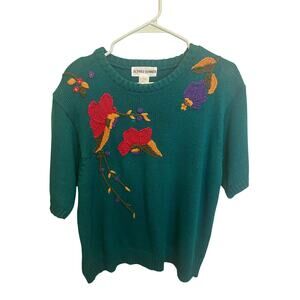 Vintage Alfred Dunner Green Short Sleeve Knit Sweater Floral Embroidery Large